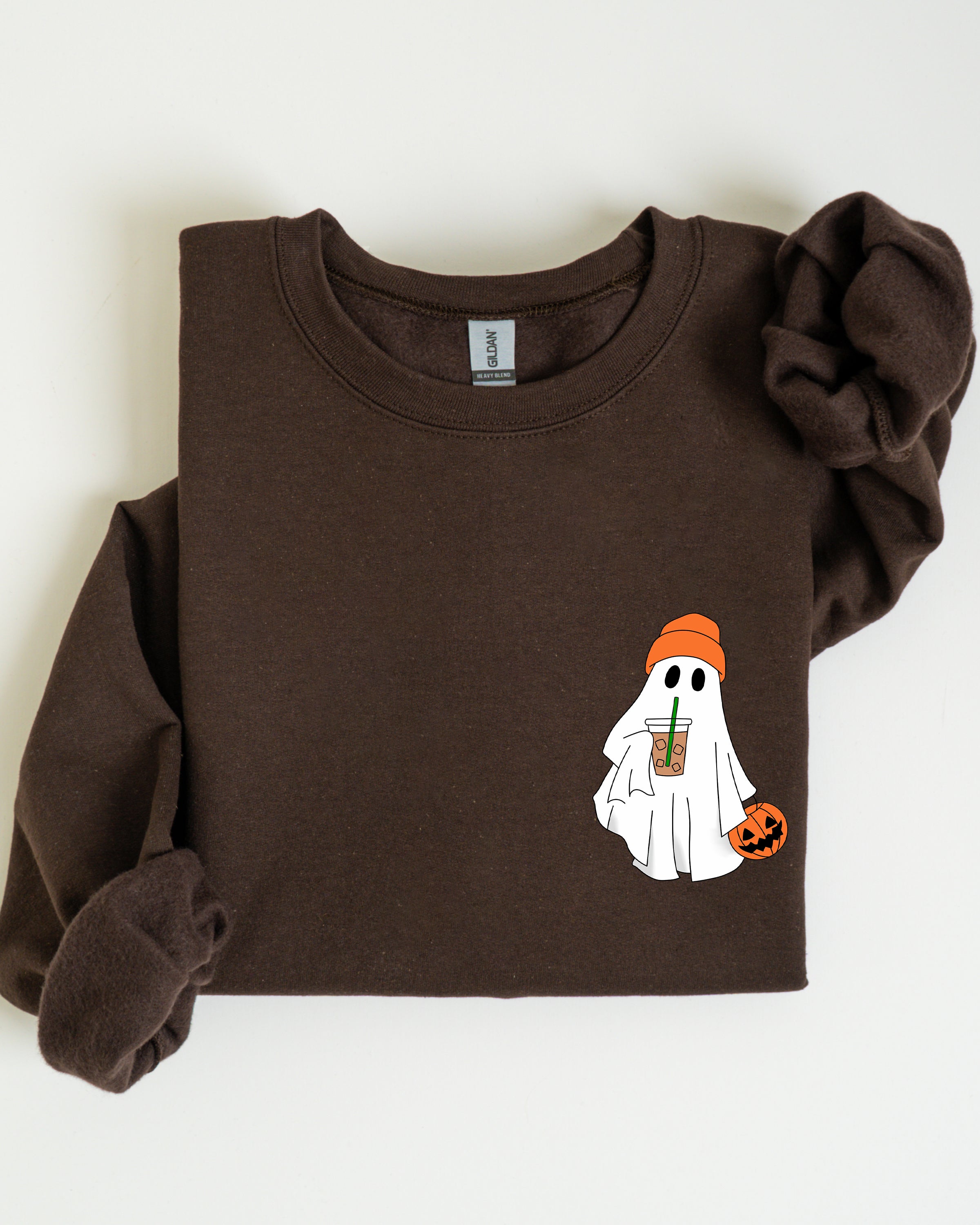 Cute Skater Ghost Pocket Print Halloween Coffee Trick Or Treat Cozy Graphic Sweatshirt