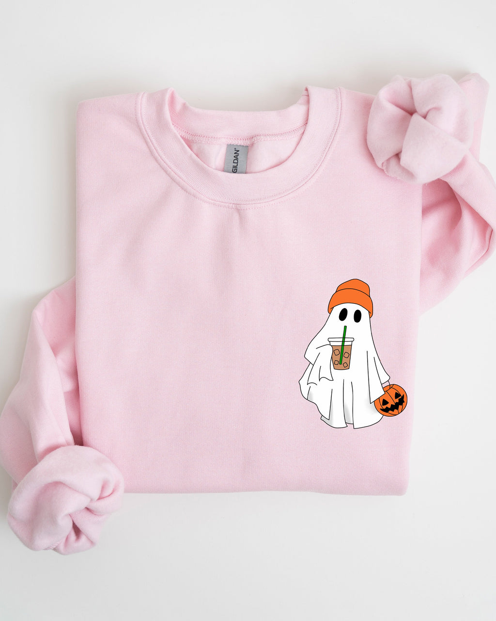 Cute Skater Ghost Pocket Print Halloween Coffee Trick Or Treat Cozy Graphic Sweatshirt
