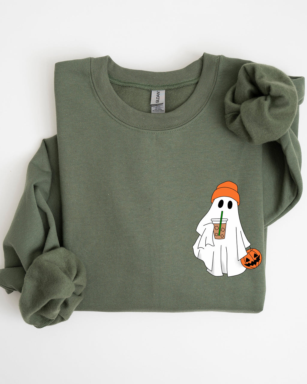 Cute Skater Ghost Pocket Print Halloween Coffee Trick Or Treat Cozy Graphic Sweatshirt