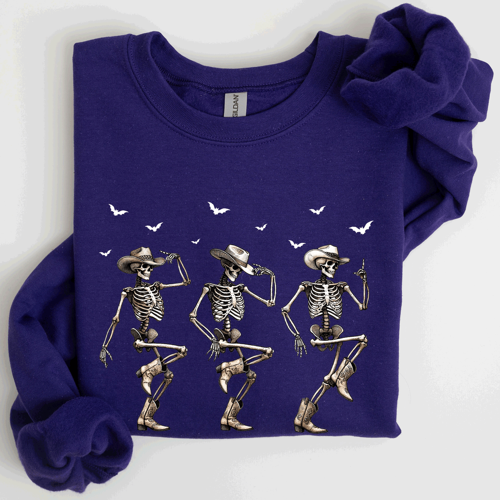Dancing Cowboy Skeletons Halloween Bats Western Night Parade Cozy Graphic Sweatshirt