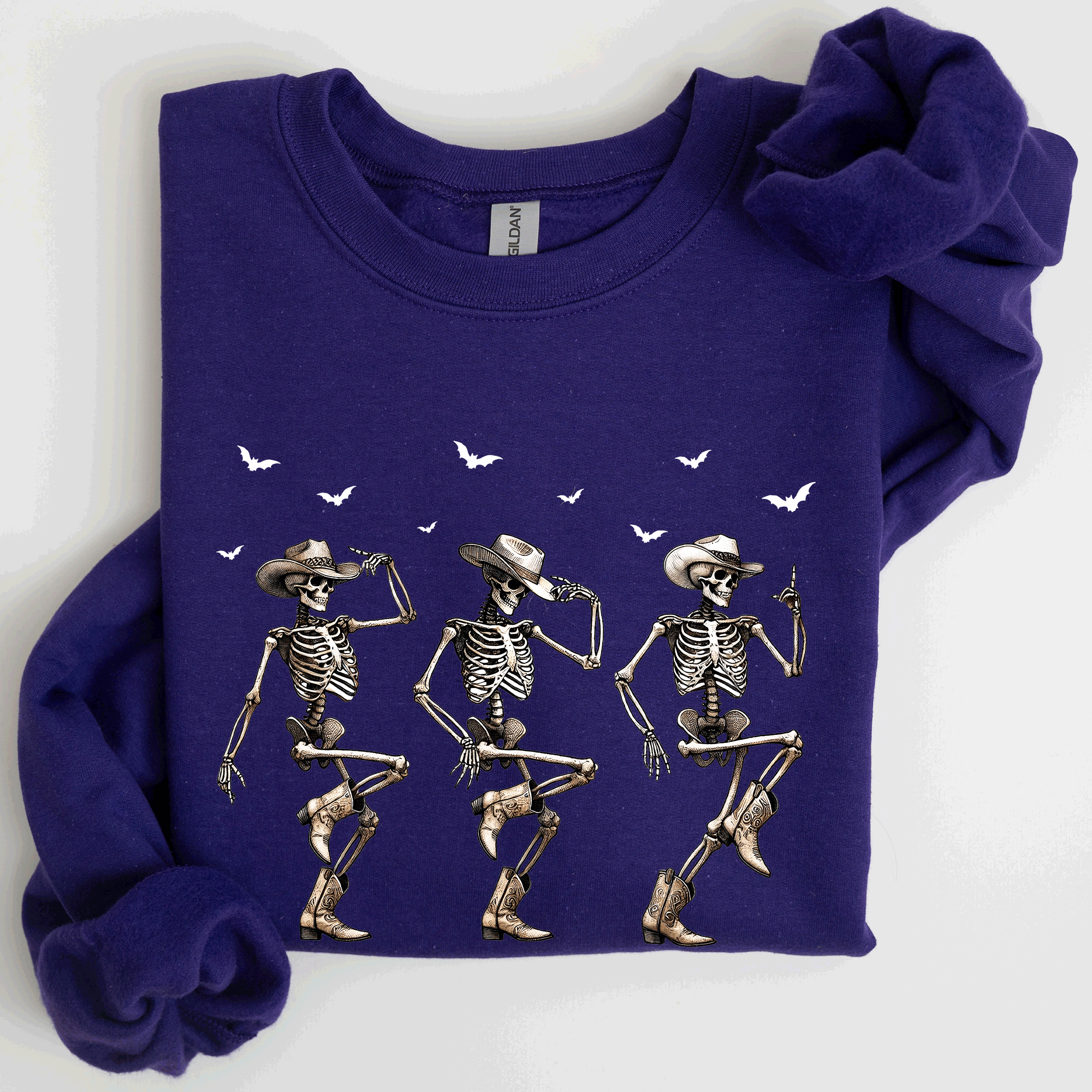 Dancing Cowboy Skeletons Halloween Bats Western Night Parade Cozy Graphic Sweatshirt