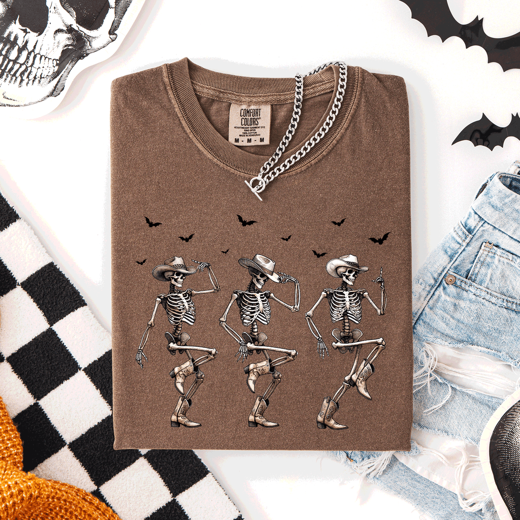 Dancing Cowboy Skeletons, Halloween Bats Limited Edition Artwork Comfort Colors Tee