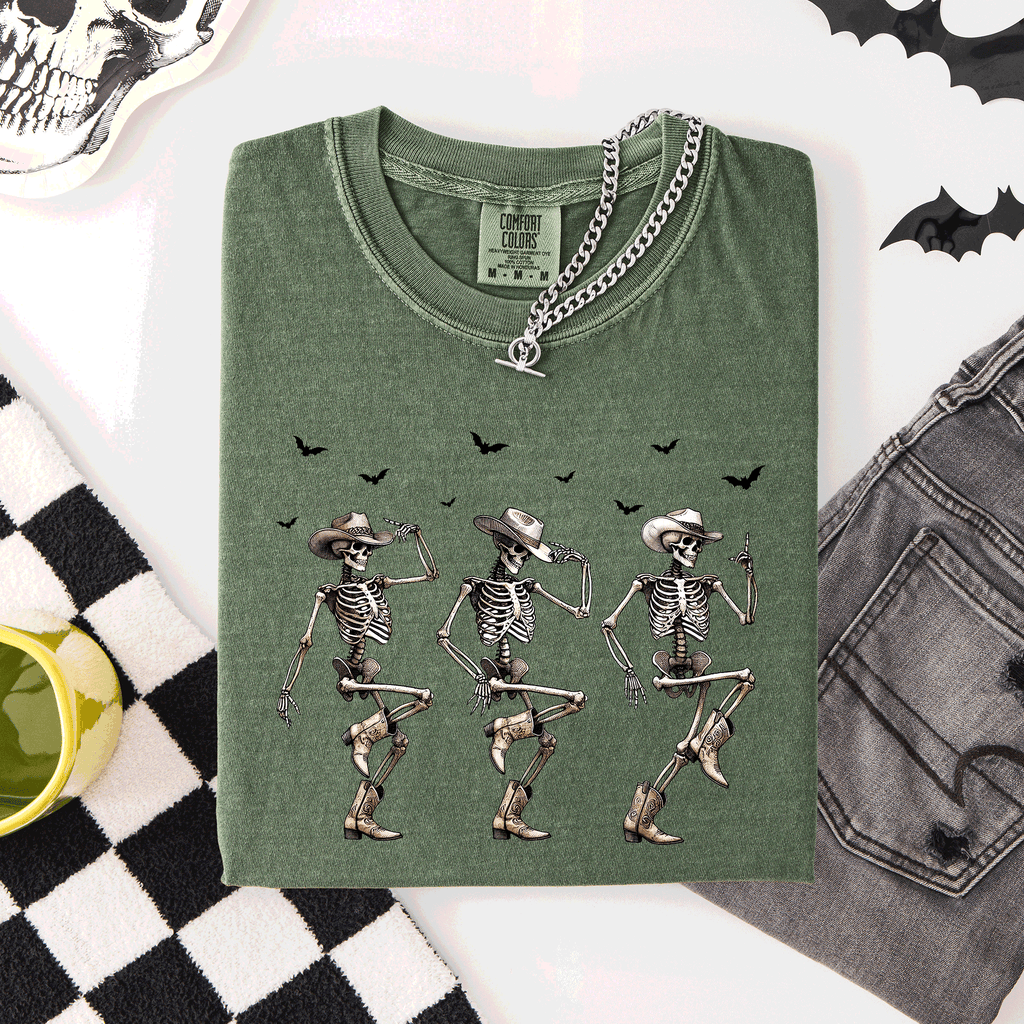 Dancing Cowboy Skeletons, Halloween Bats Limited Edition Artwork Comfort Colors Tee