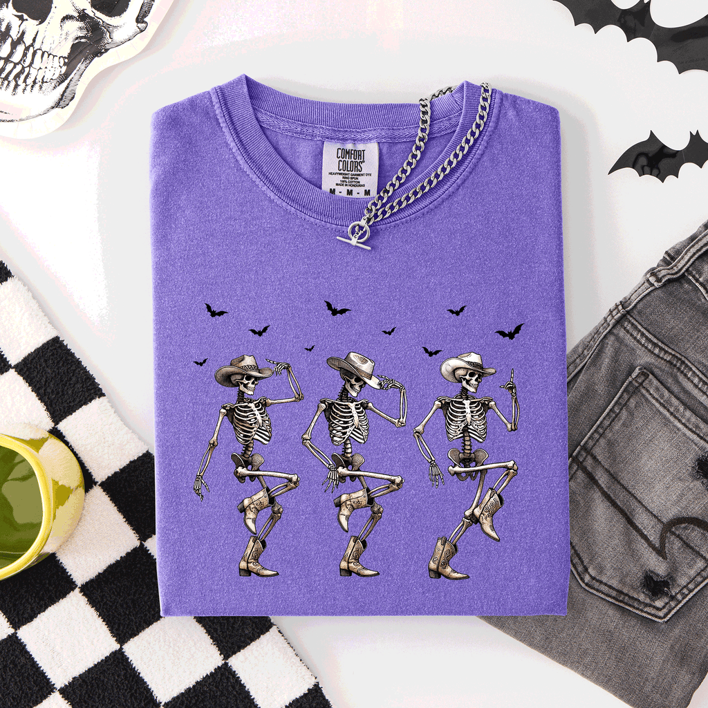 Dancing Cowboy Skeletons, Halloween Bats Limited Edition Artwork Comfort Colors Tee