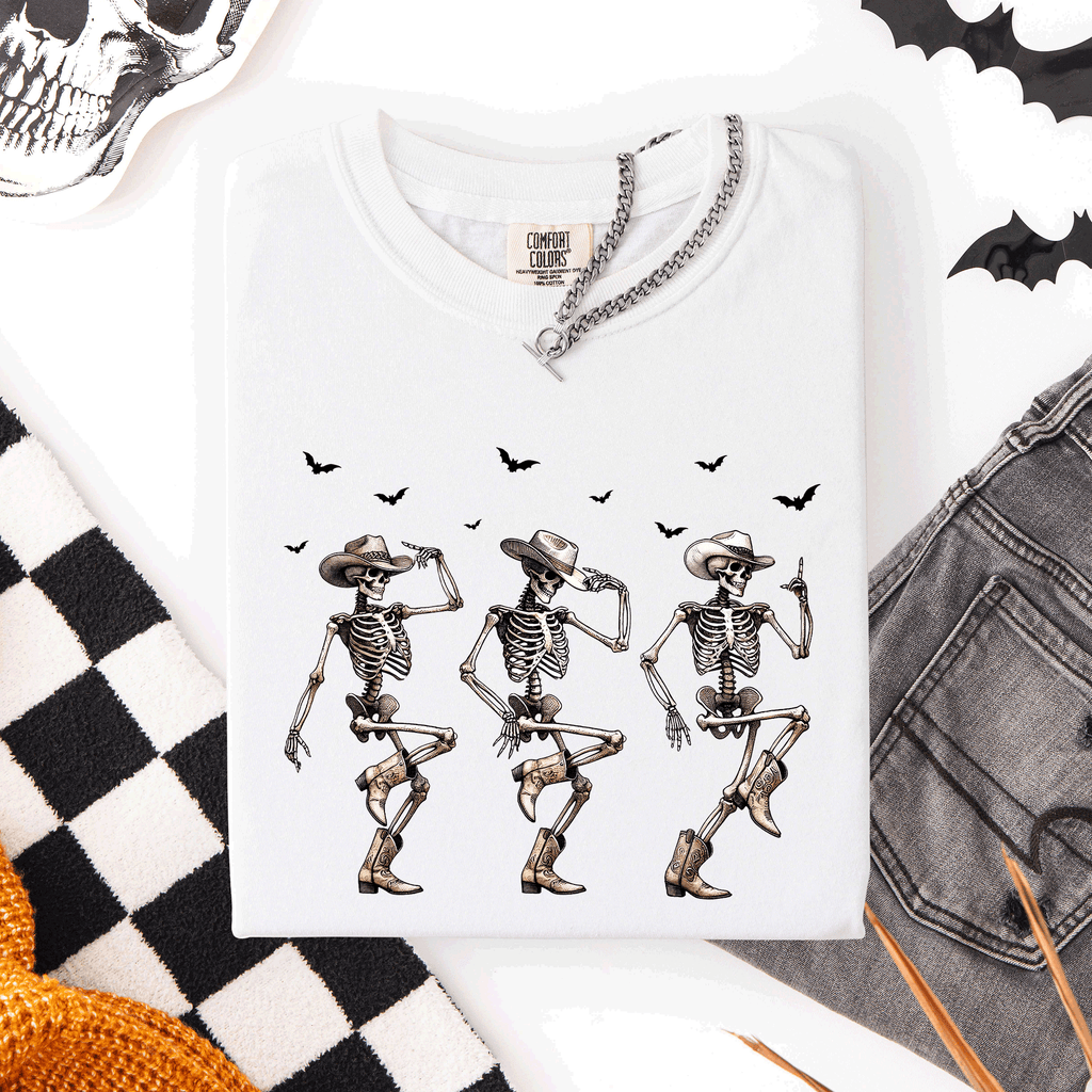 Dancing Cowboy Skeletons, Halloween Bats Limited Edition Artwork Comfort Colors Tee