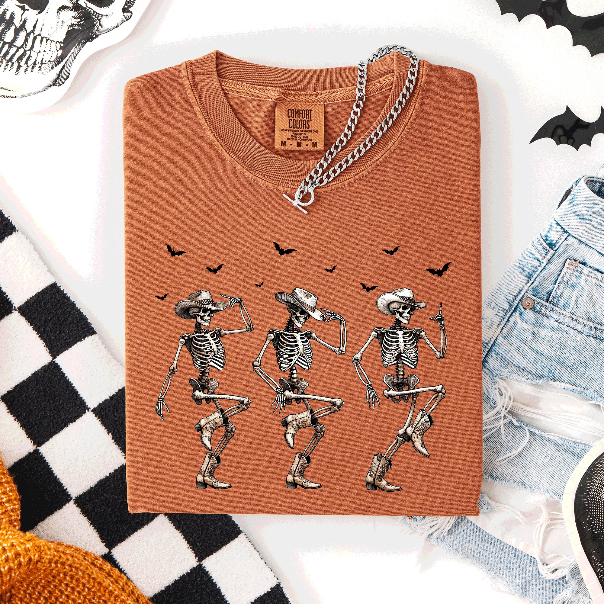 Dancing Cowboy Skeletons, Halloween Bats Limited Edition Artwork Comfort Colors Tee