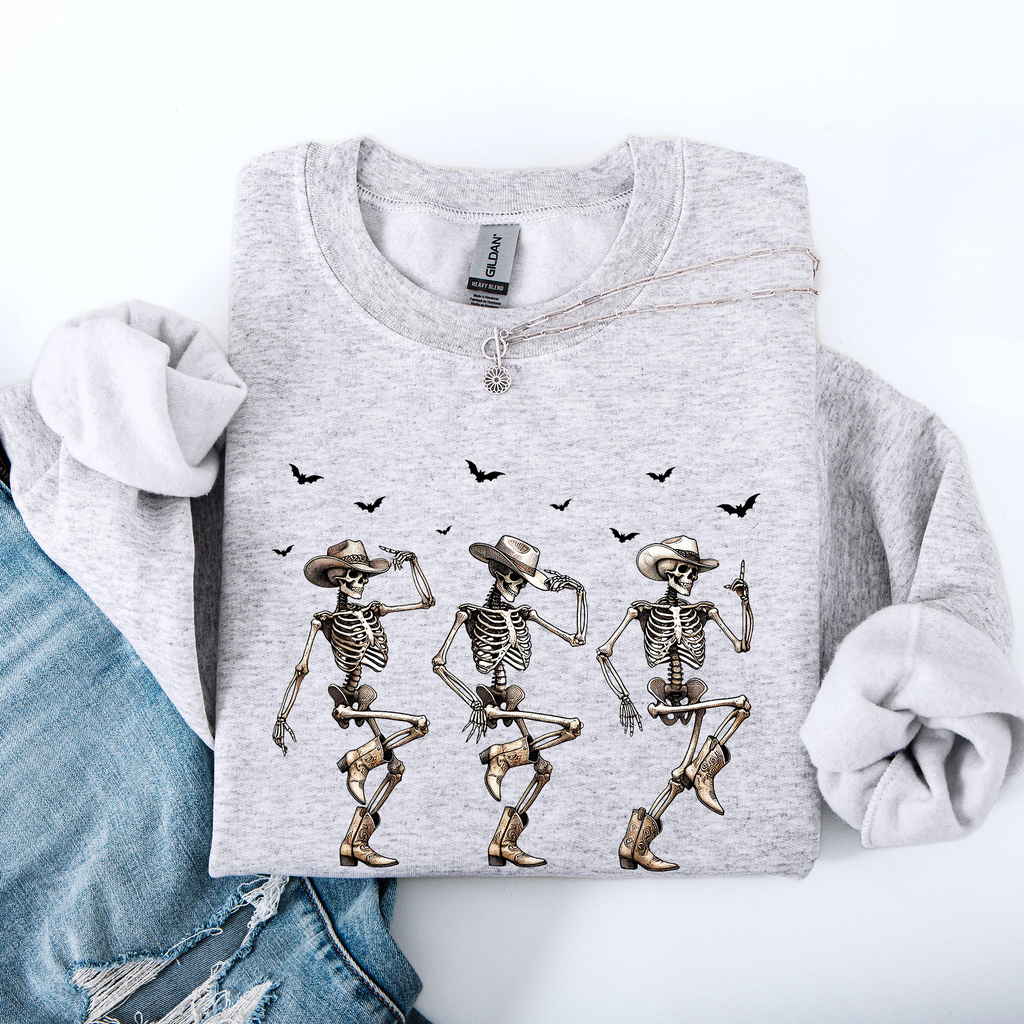 Dancing Cowboy Skeletons Halloween Bats Western Night Parade Cozy Graphic Sweatshirt