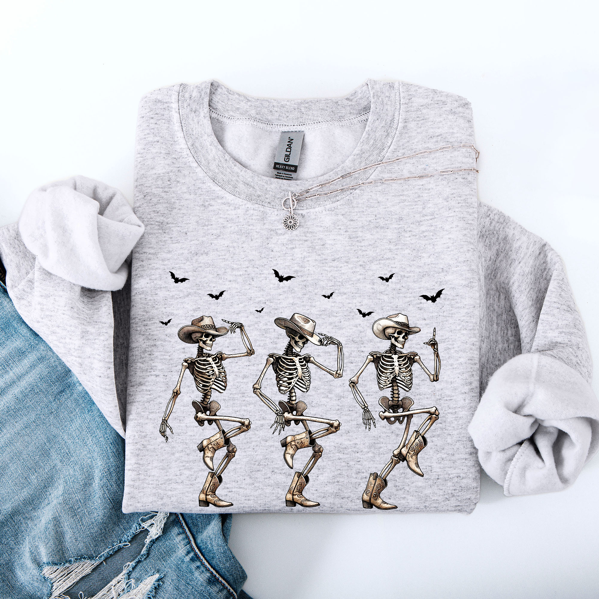 Dancing Cowboy Skeletons Halloween Bats Western Night Parade Cozy Graphic Sweatshirt