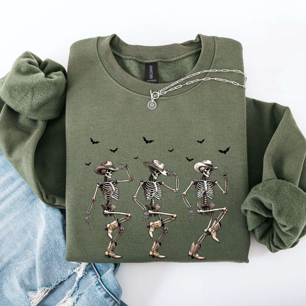 Dancing Cowboy Skeletons Halloween Bats Western Night Parade Cozy Graphic Sweatshirt