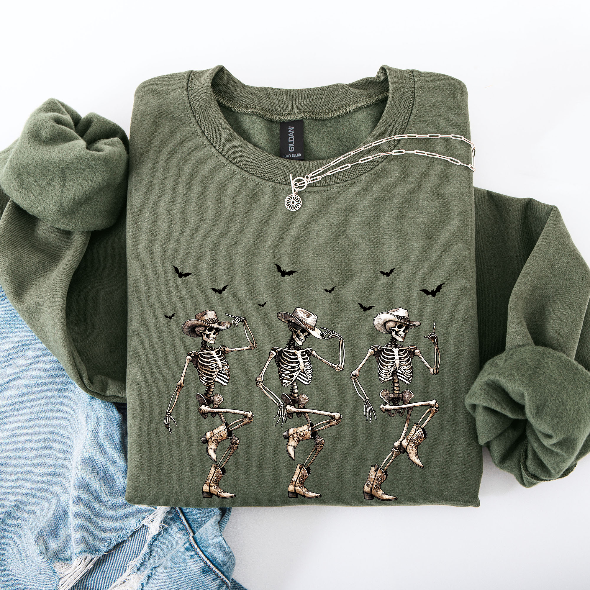 Dancing Cowboy Skeletons Halloween Bats Western Night Parade Cozy Graphic Sweatshirt