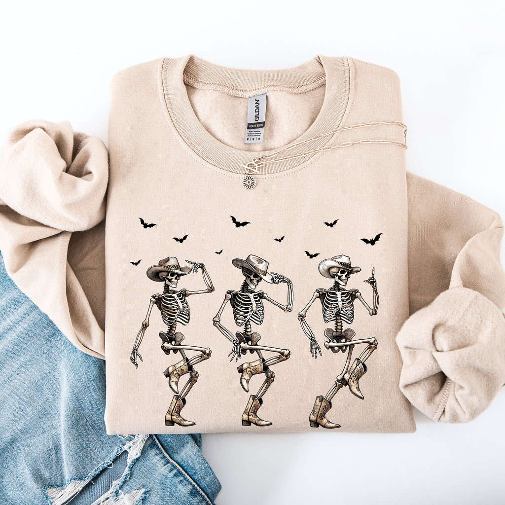 Dancing Cowboy Skeletons Halloween Bats Western Night Parade Cozy Graphic Sweatshirt