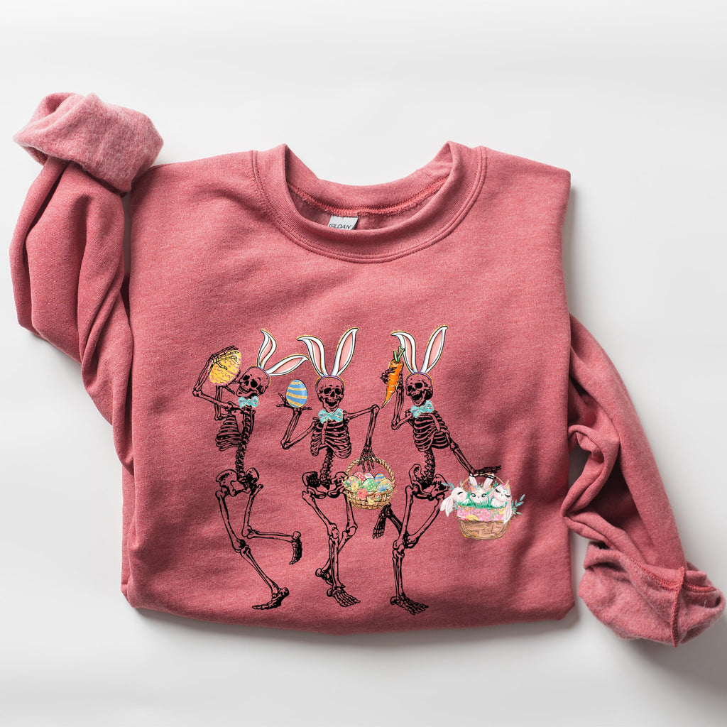 Dancing Easter Skeleton, Rabbit, Bunnies Celebration Artwork For Festive Wardrobe Sweatshirt