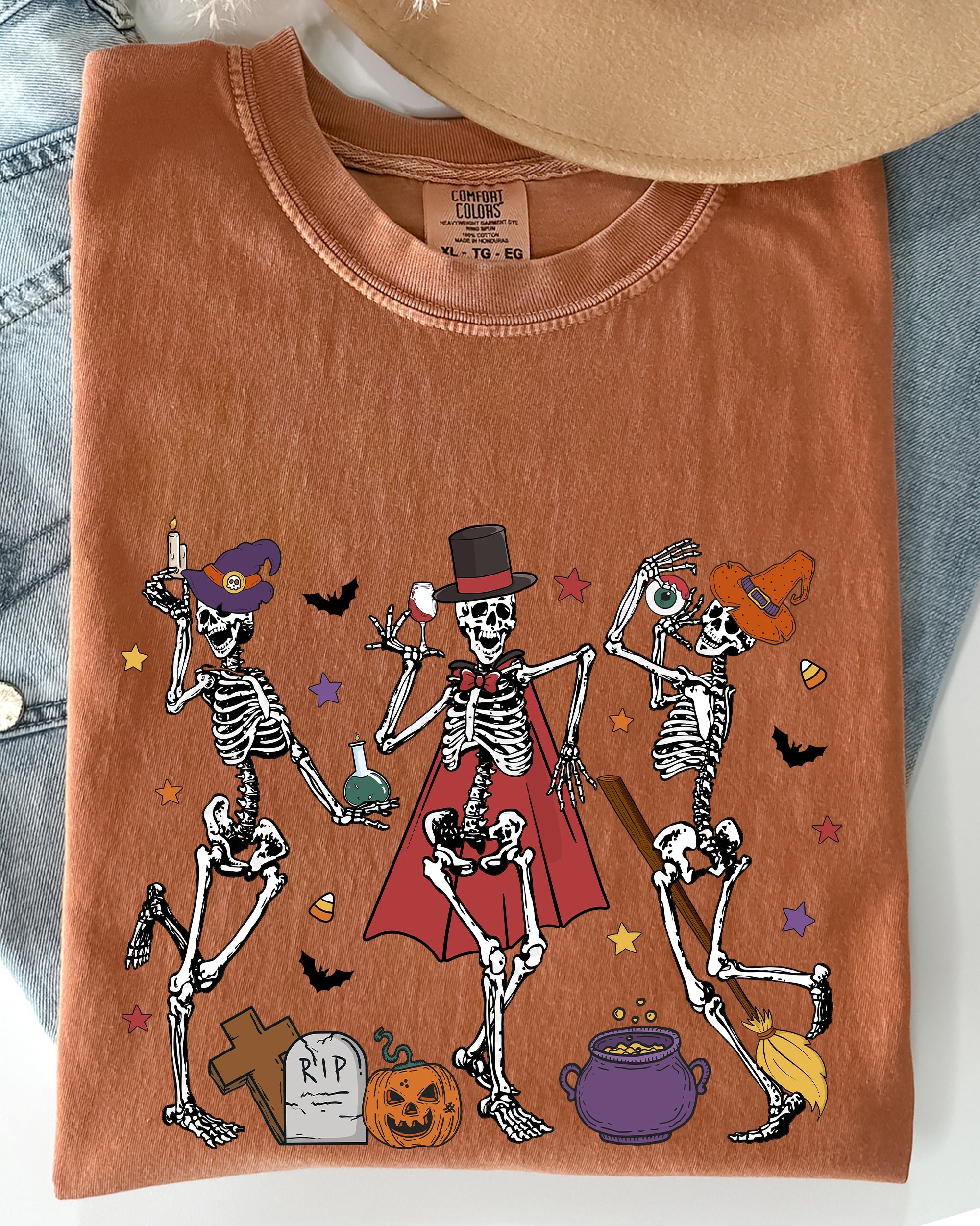 Dancing Skeleton Halloween Party Trick Or Treat Spooky Nighttime Celebration Comfort Colors Tee