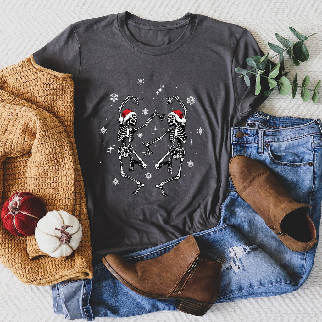 Dancing Skeletons Christmas Winter Snowflakes Snow Holiday Scene Limited Edition Graphic Tee