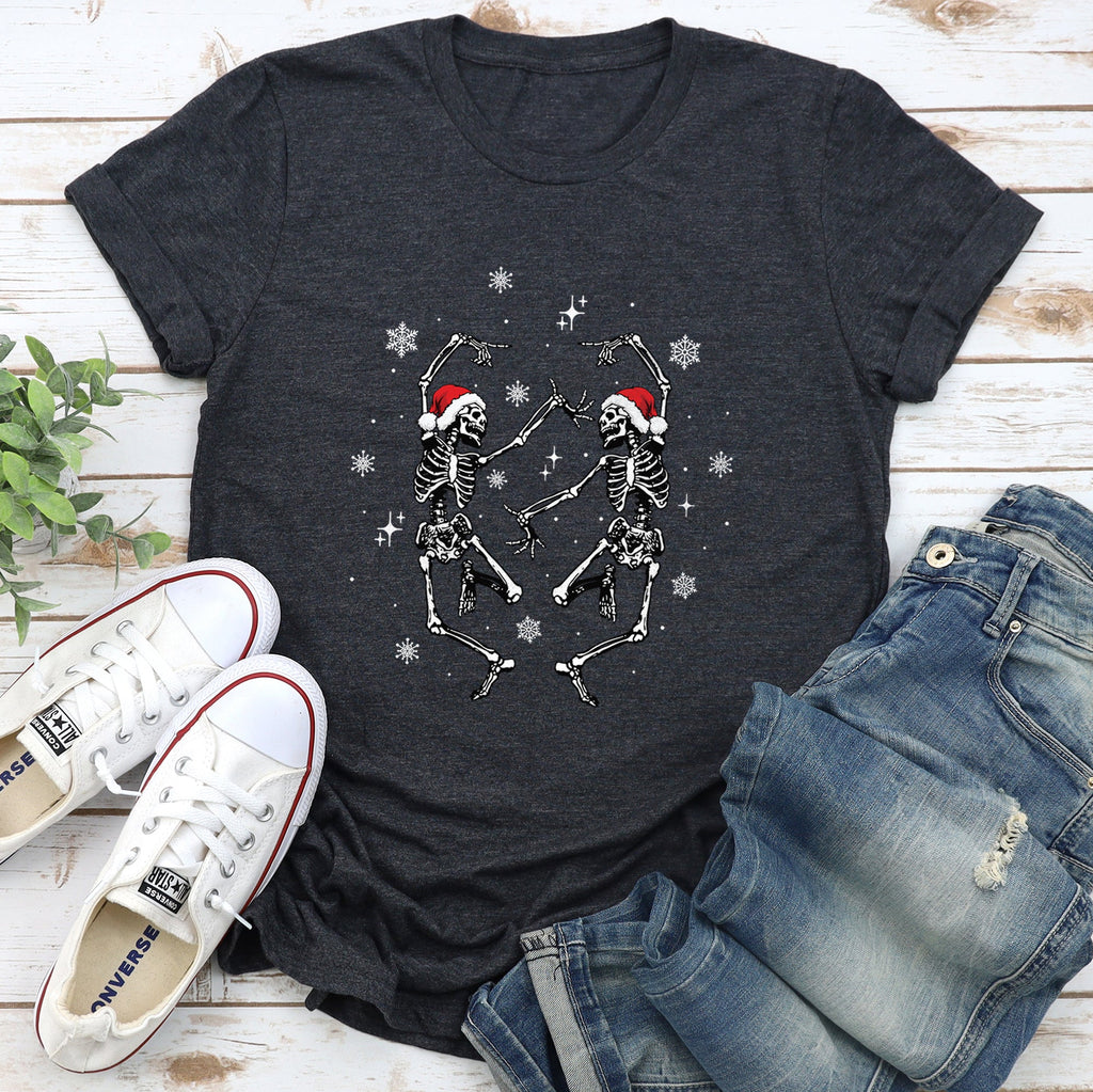 Dancing Skeletons Christmas Winter Snowflakes Snow Holiday Scene Limited Edition Graphic Tee