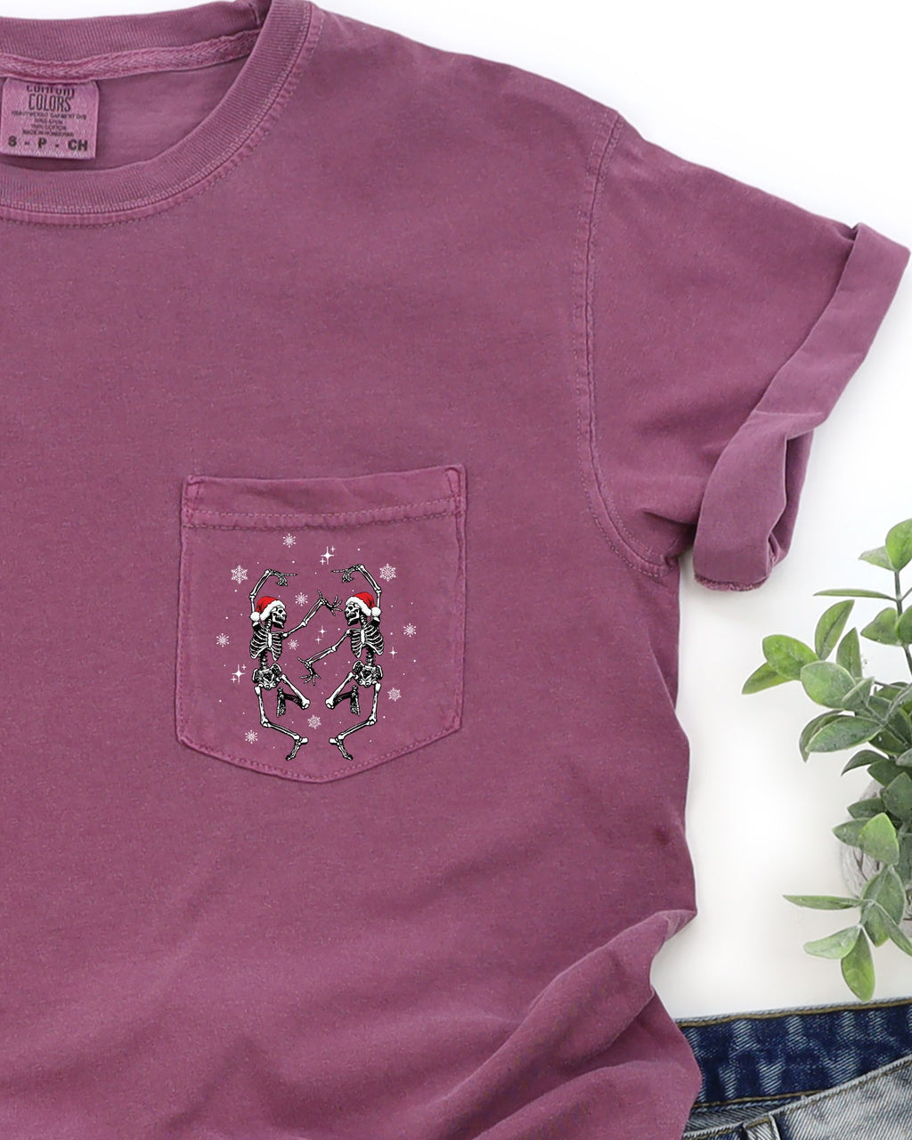Dancing Skeletons Christmas Santa Snow Winter Xmas Pocket Design Comfort Colors Tee