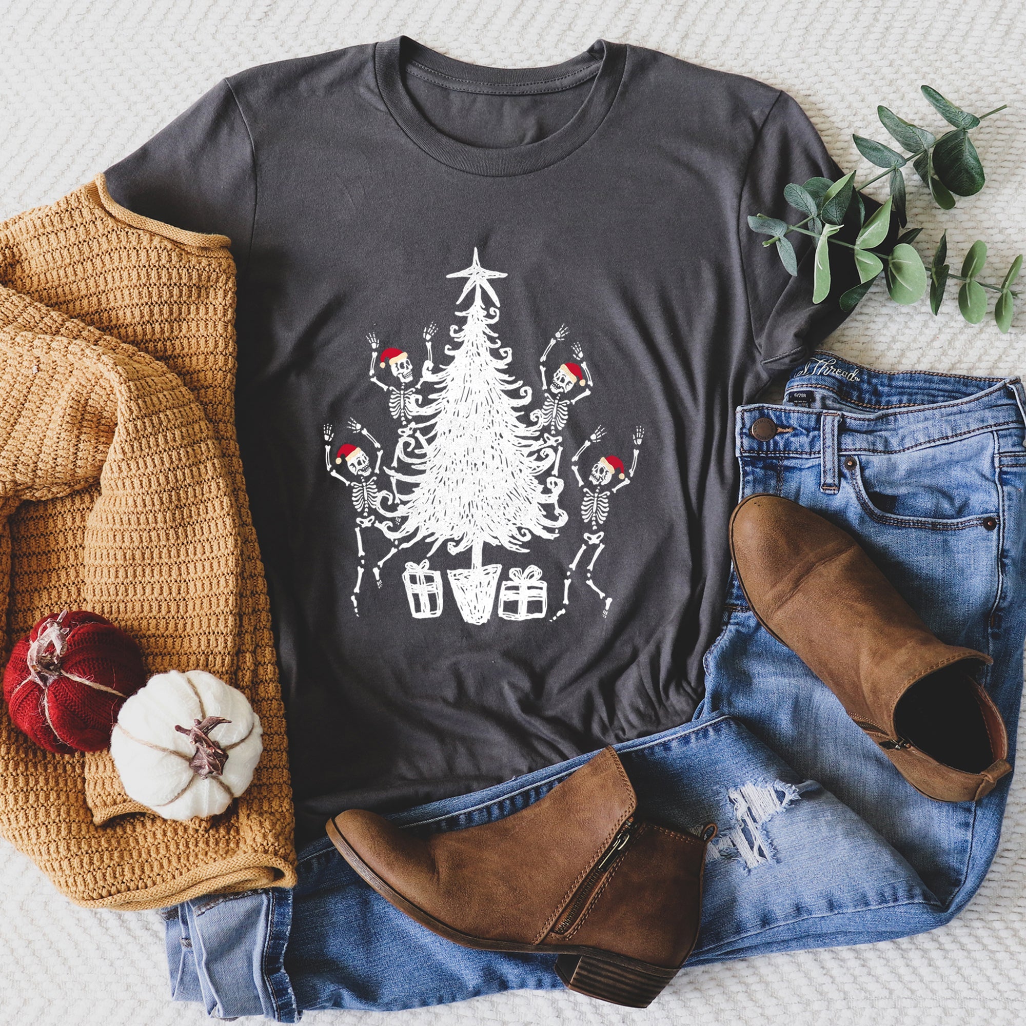 Dancing Skeletons Santa Hats Christmas Theme Graphic Tee With Festive Holiday Vibe