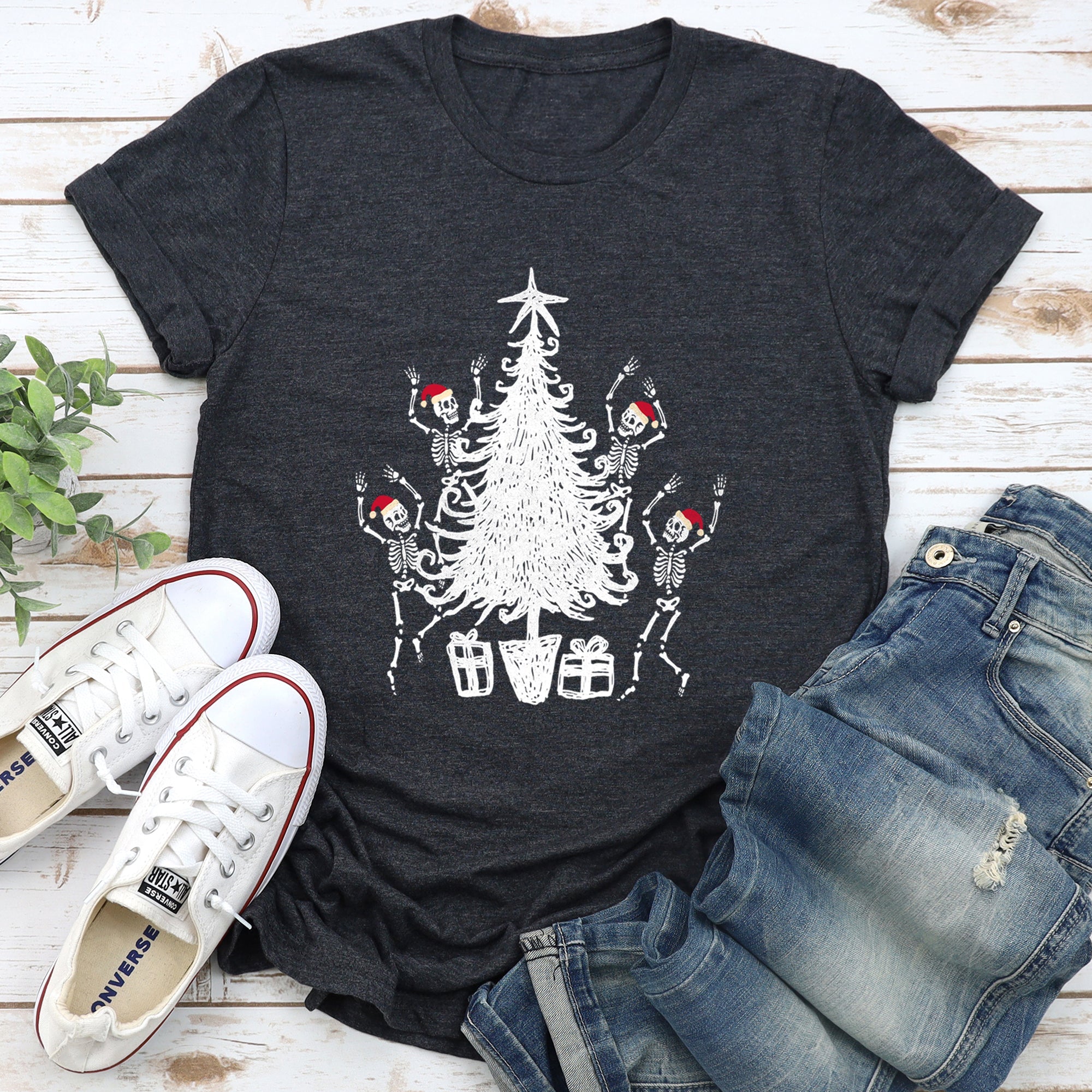Dancing Skeletons Santa Hats Christmas Theme Graphic Tee With Festive Holiday Vibe