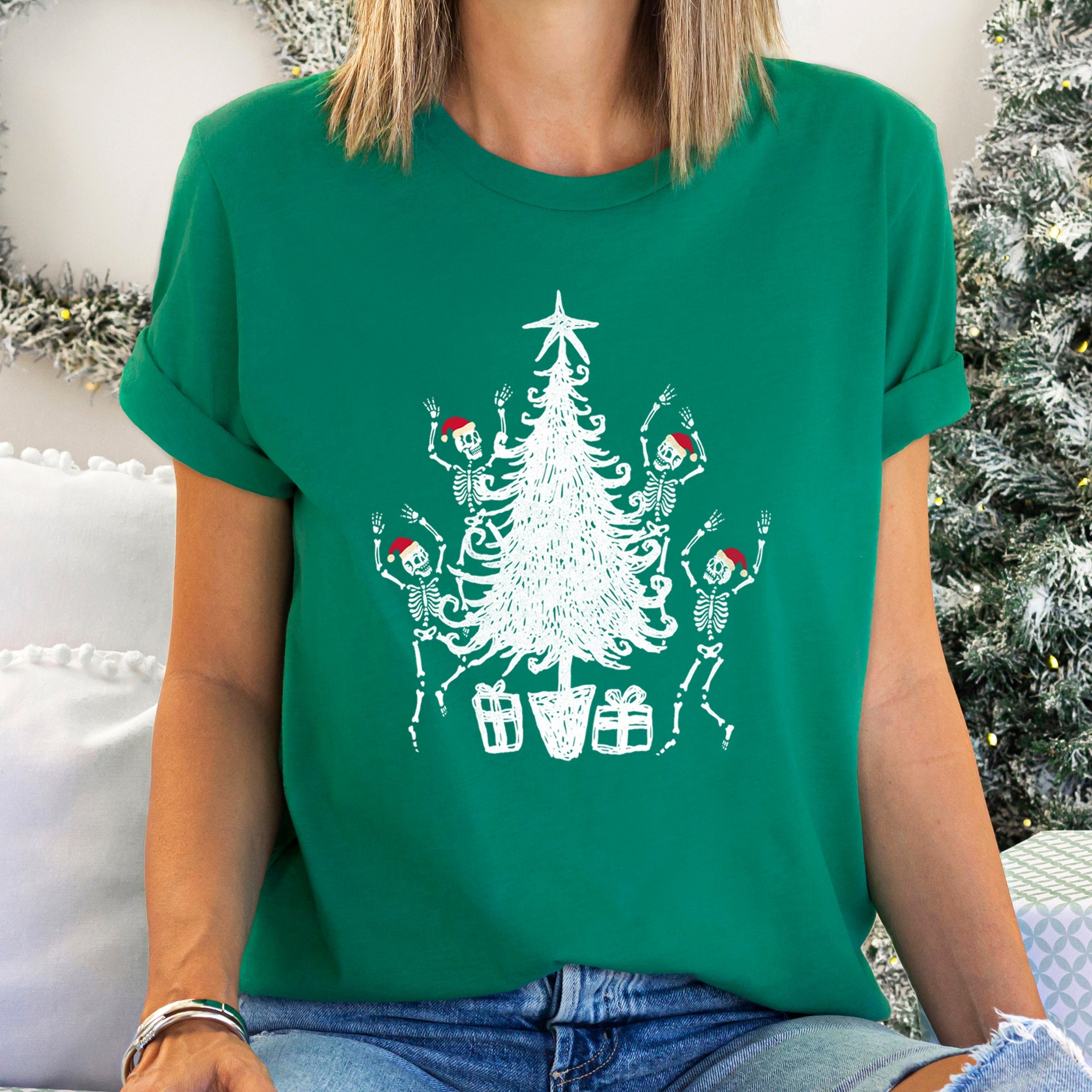 Dancing Skeletons Santa Hats Christmas Theme Graphic Tee With Festive Holiday Vibe