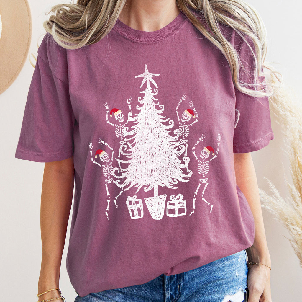 Dancing Skeletons In Santa Hats For Christmas Celebration Holiday Edition Comfort Colors Tee