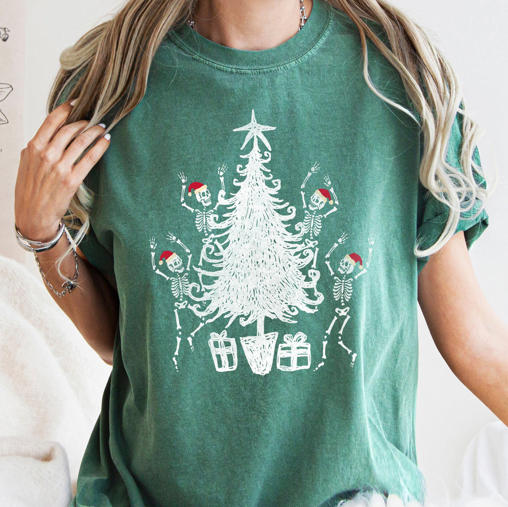 Dancing Skeletons In Santa Hats For Christmas Celebration Holiday Edition Comfort Colors Tee