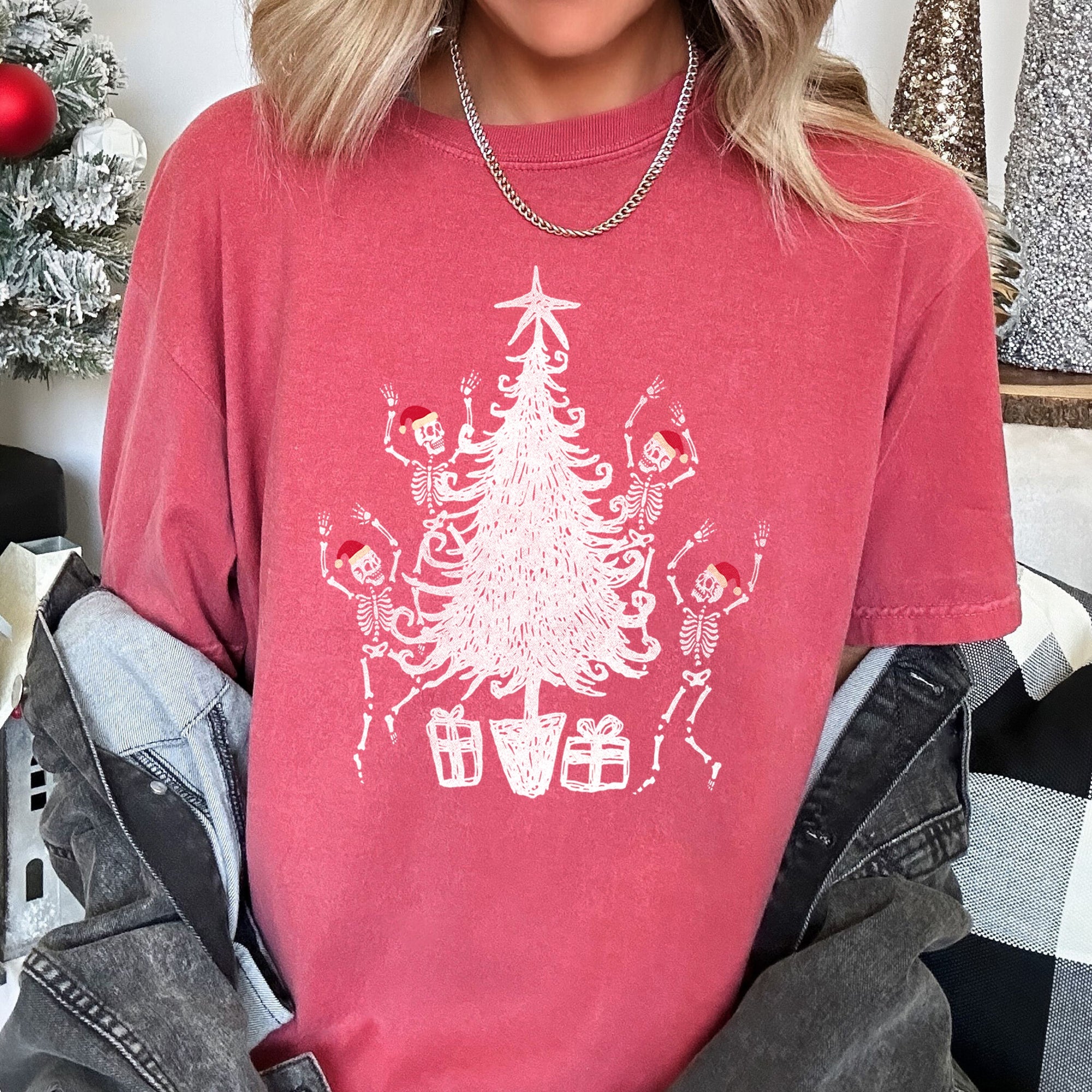 Dancing Skeletons In Santa Hats For Christmas Celebration Holiday Edition Comfort Colors Tee