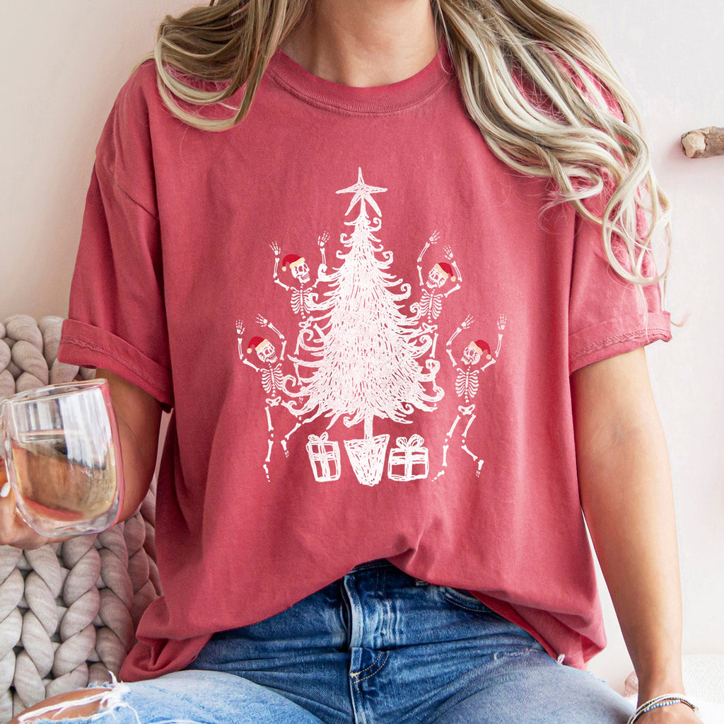Dancing Skeletons In Santa Hats For Christmas Celebration Holiday Edition Comfort Colors Tee