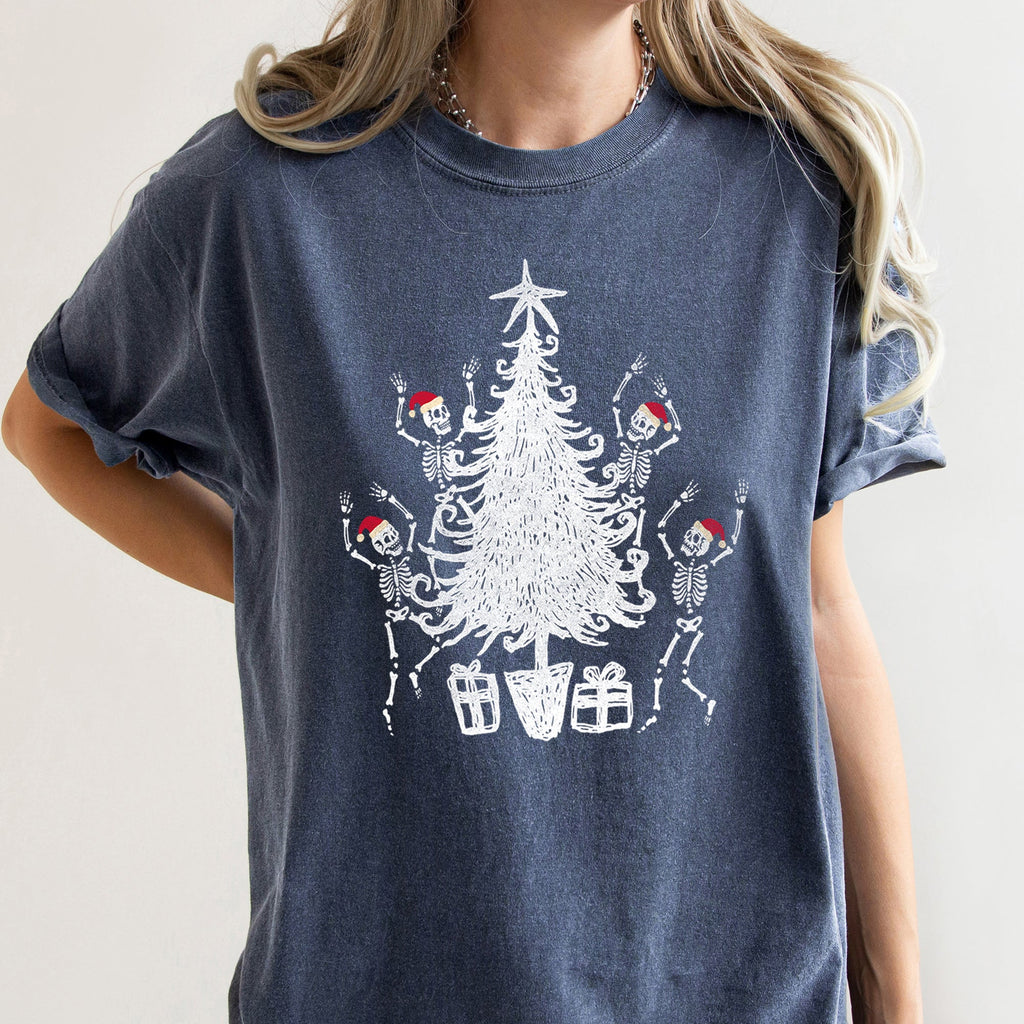 Dancing Skeletons In Santa Hats For Christmas Celebration Holiday Edition Comfort Colors Tee