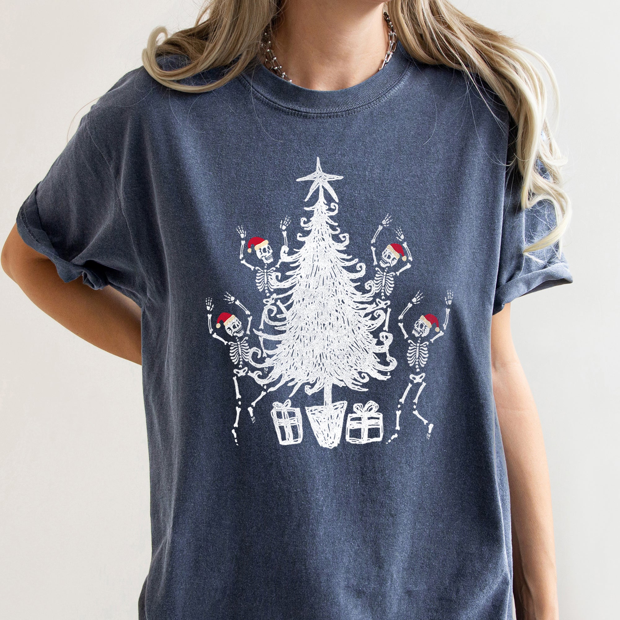 Dancing Skeletons In Santa Hats For Christmas Celebration Holiday Edition Comfort Colors Tee