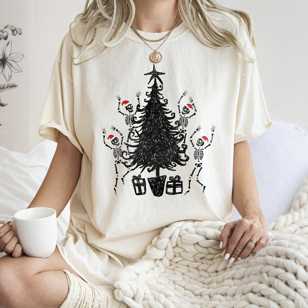 Dancing Skeletons In Santa Hats For Christmas Celebration Holiday Edition Comfort Colors Tee