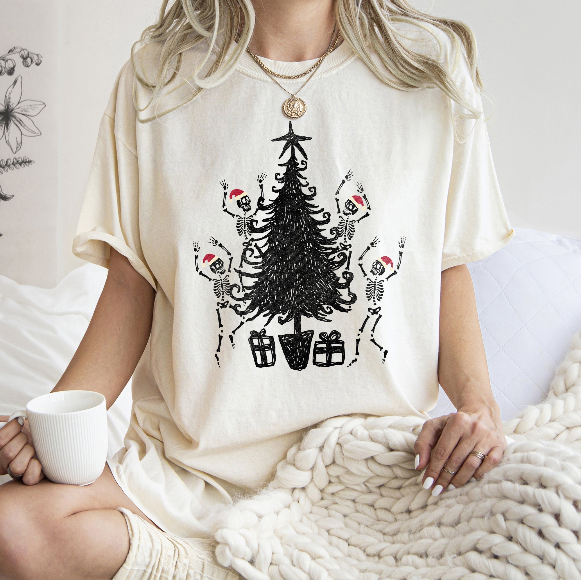 Dancing Skeletons In Santa Hats For Christmas Celebration Holiday Edition Comfort Colors Tee