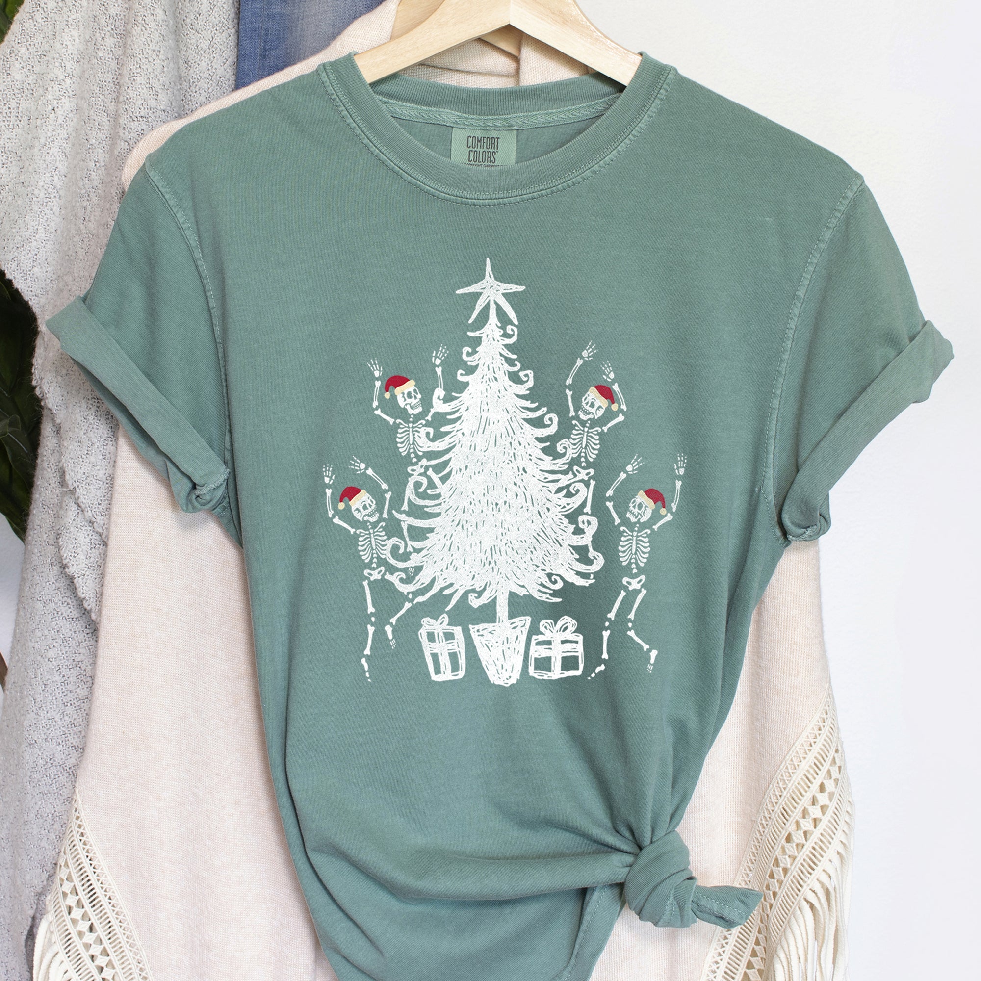 Dancing Skeletons In Santa Hats For Christmas Celebration Holiday Edition Comfort Colors Tee