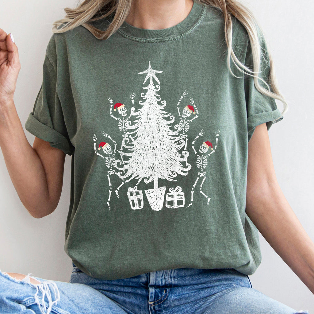 Dancing Skeletons In Santa Hats For Christmas Celebration Holiday Edition Comfort Colors Tee