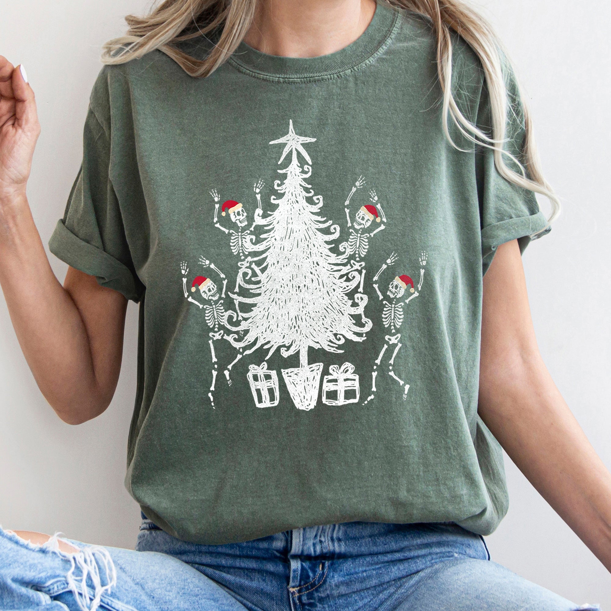Dancing Skeletons In Santa Hats For Christmas Celebration Holiday Edition Comfort Colors Tee