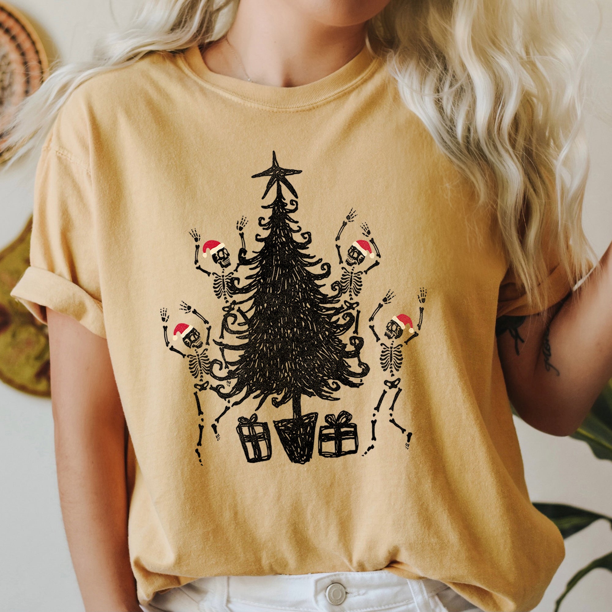 Dancing Skeletons In Santa Hats For Christmas Celebration Holiday Edition Comfort Colors Tee