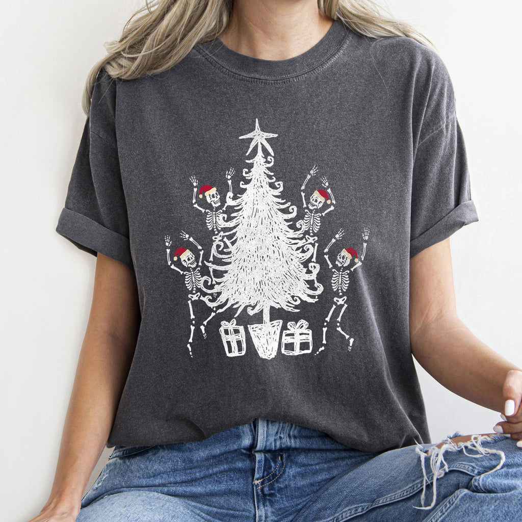 Dancing Skeletons In Santa Hats For Christmas Celebration Holiday Edition Comfort Colors Tee