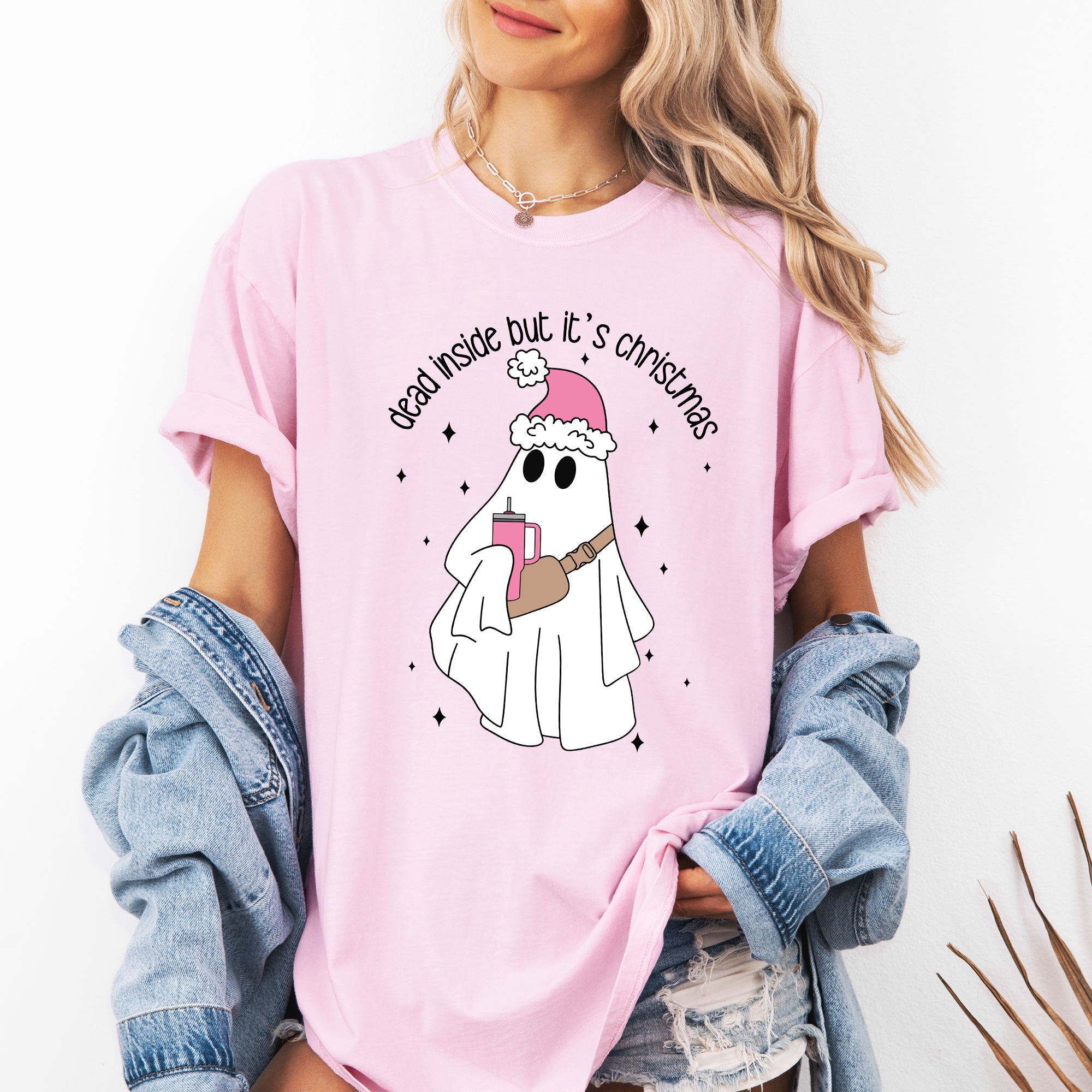 Dead Inside But It's Christmas Ghost Bougie Santa Xmas Graphic Quote Comfort Colors Tee