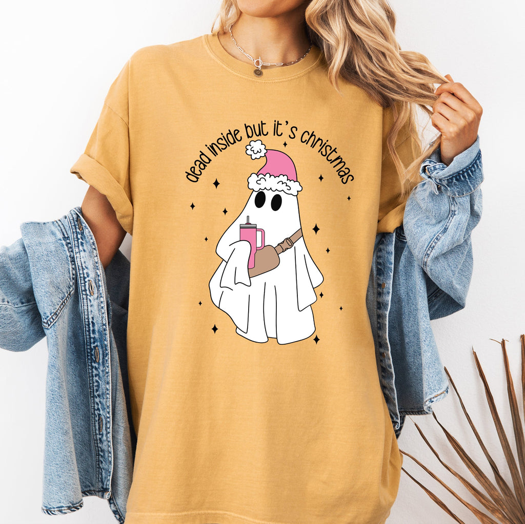 Dead Inside But It's Christmas Ghost Bougie Santa Xmas Graphic Quote Comfort Colors Tee