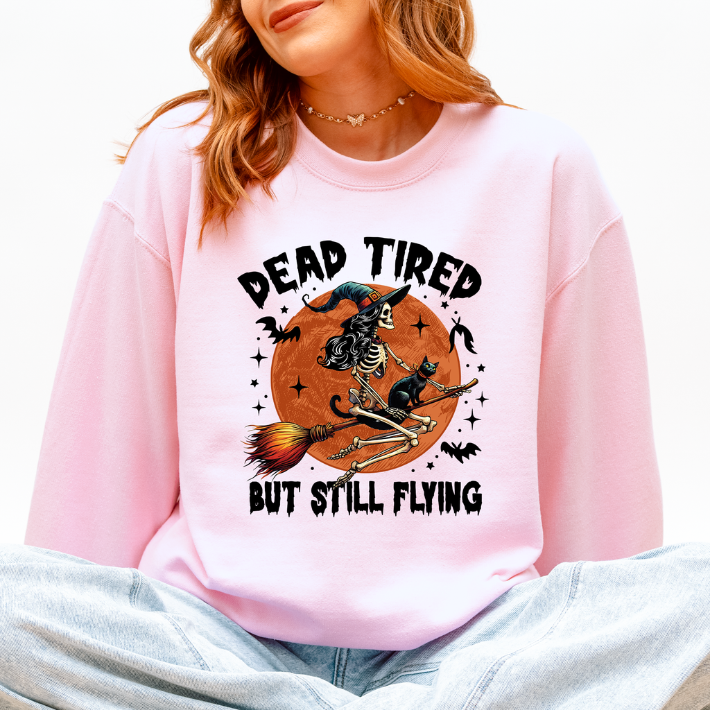 Dead Tired But Still Flying Halloween Witch Motif With Spooky Moonlit Night And Cozy Vibes Sweatshirt