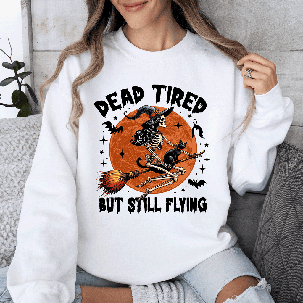 Dead Tired But Still Flying Halloween Witch Motif With Spooky Moonlit Night And Cozy Vibes Sweatshirt