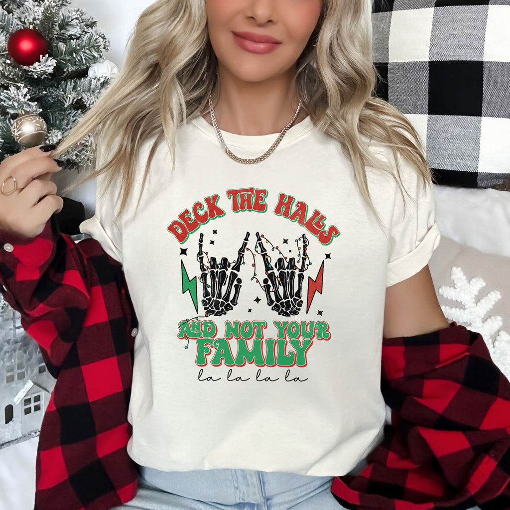 Deck The Halls And Not Your Family Fa La La Retro Christmas Skeleton Rock Graphic Tee