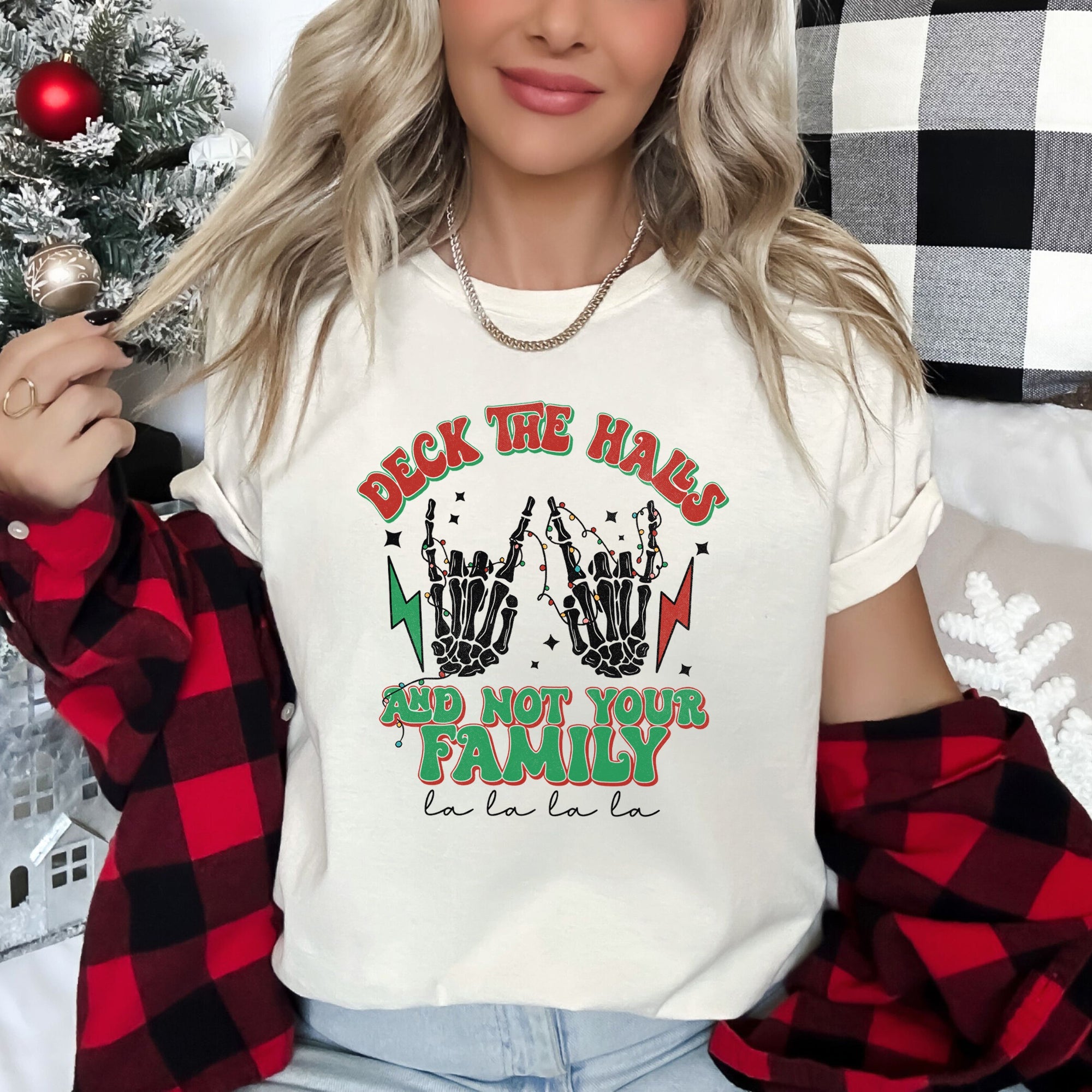 Deck The Halls And Not Your Family Fa La La Retro Christmas Skeleton Rock Graphic Tee