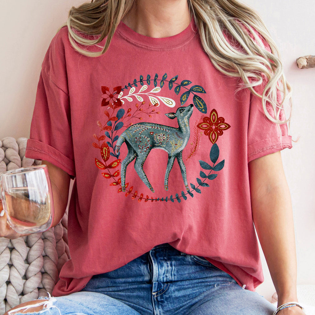 Deer Folk Art Scandinavian Winter Christmas Holiday Cozy Rustic Comfort Colors Tee