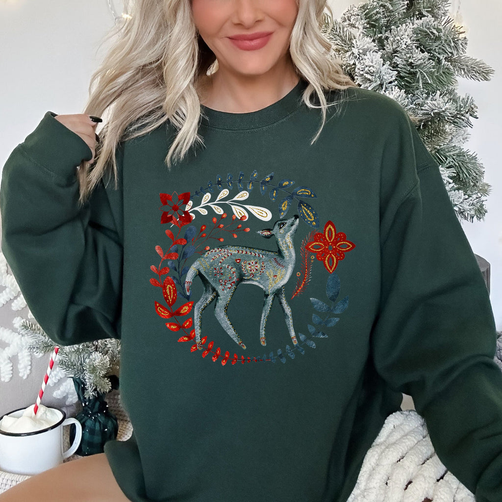 Deer Folk Art Scandinavian Christmas Scene With Nordic Winter Motifs And Rustic Charm Sweatshirt