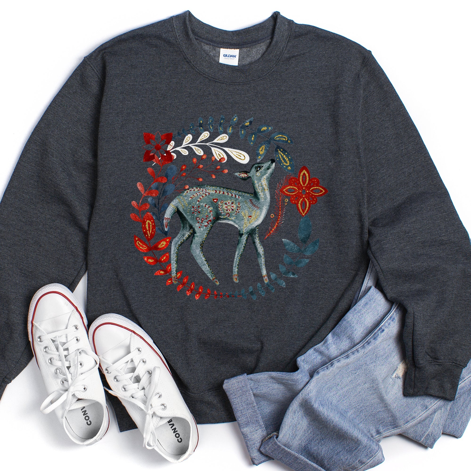 Deer Folk Art Scandinavian Christmas Scene With Nordic Winter Motifs And Rustic Charm Sweatshirt