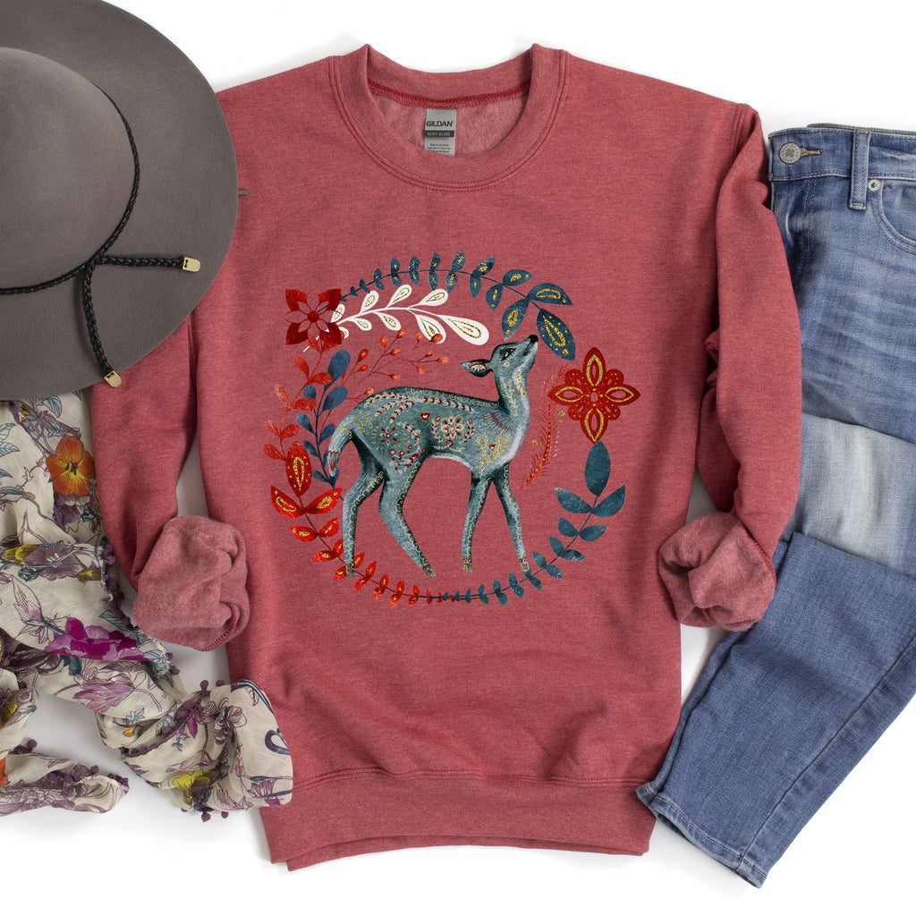 Deer Folk Art Scandinavian Christmas Scene With Nordic Winter Motifs And Rustic Charm Sweatshirt