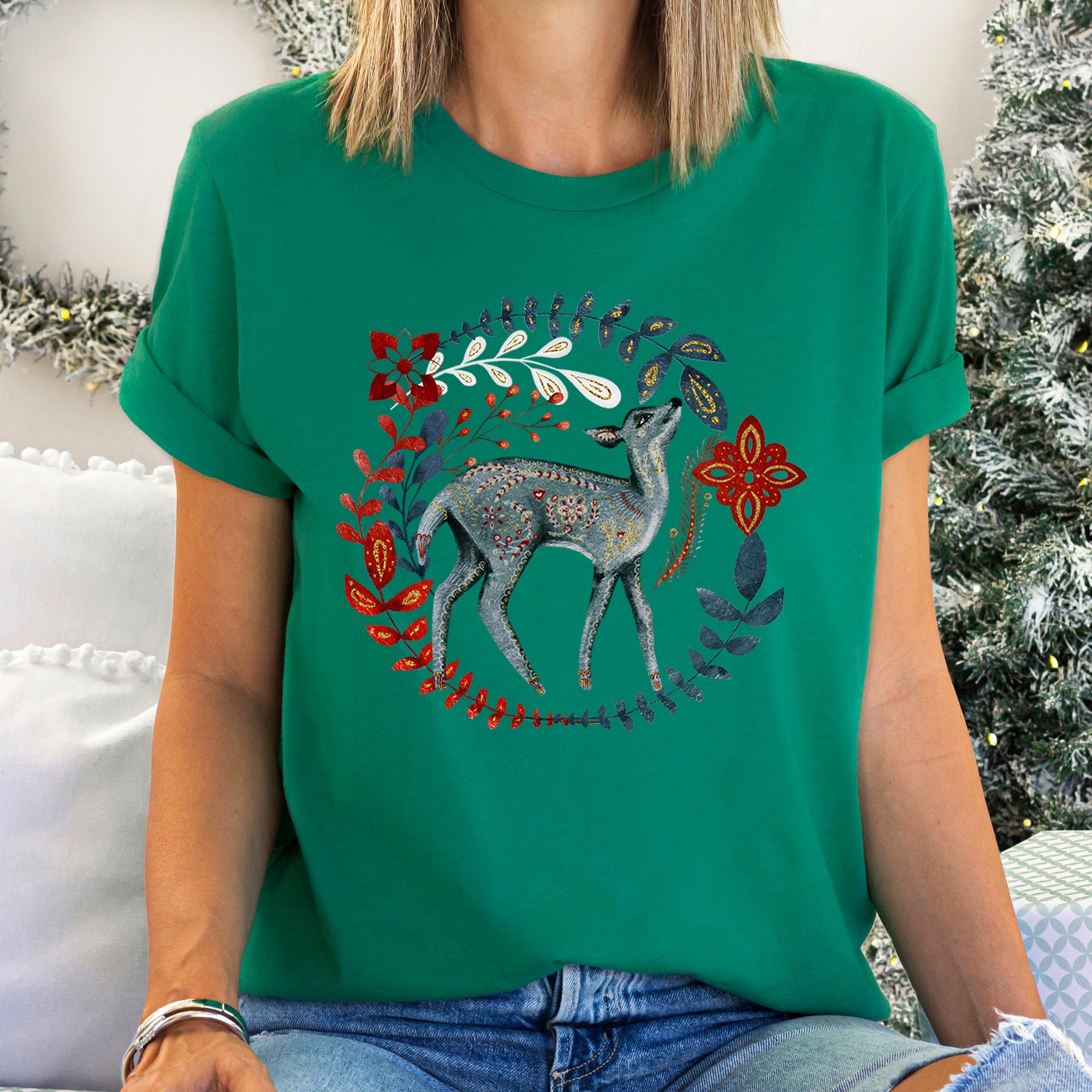 Deer Folk Art Scandinavian Winter Christmas Scene Hand Drawn Illustration Graphic Tee