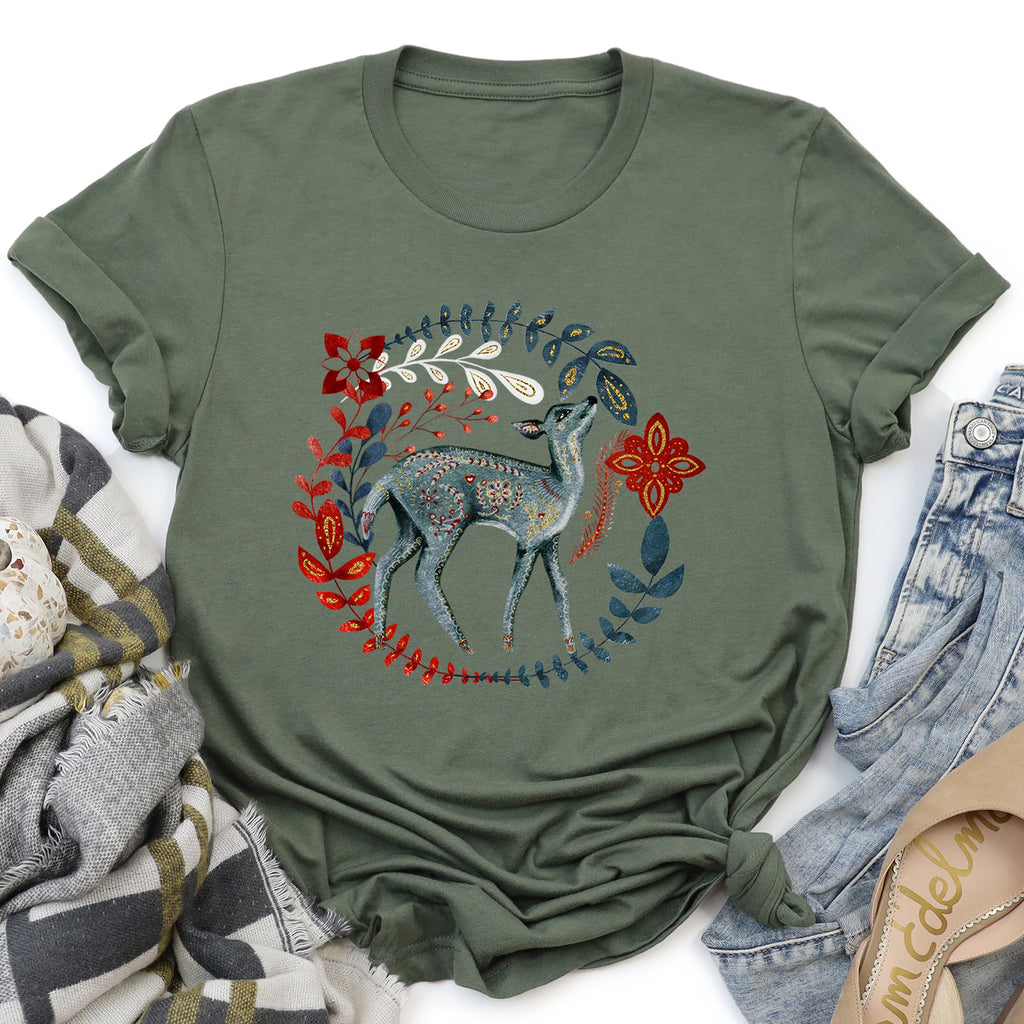 Deer Folk Art Scandinavian Winter Christmas Scene Hand Drawn Illustration Graphic Tee