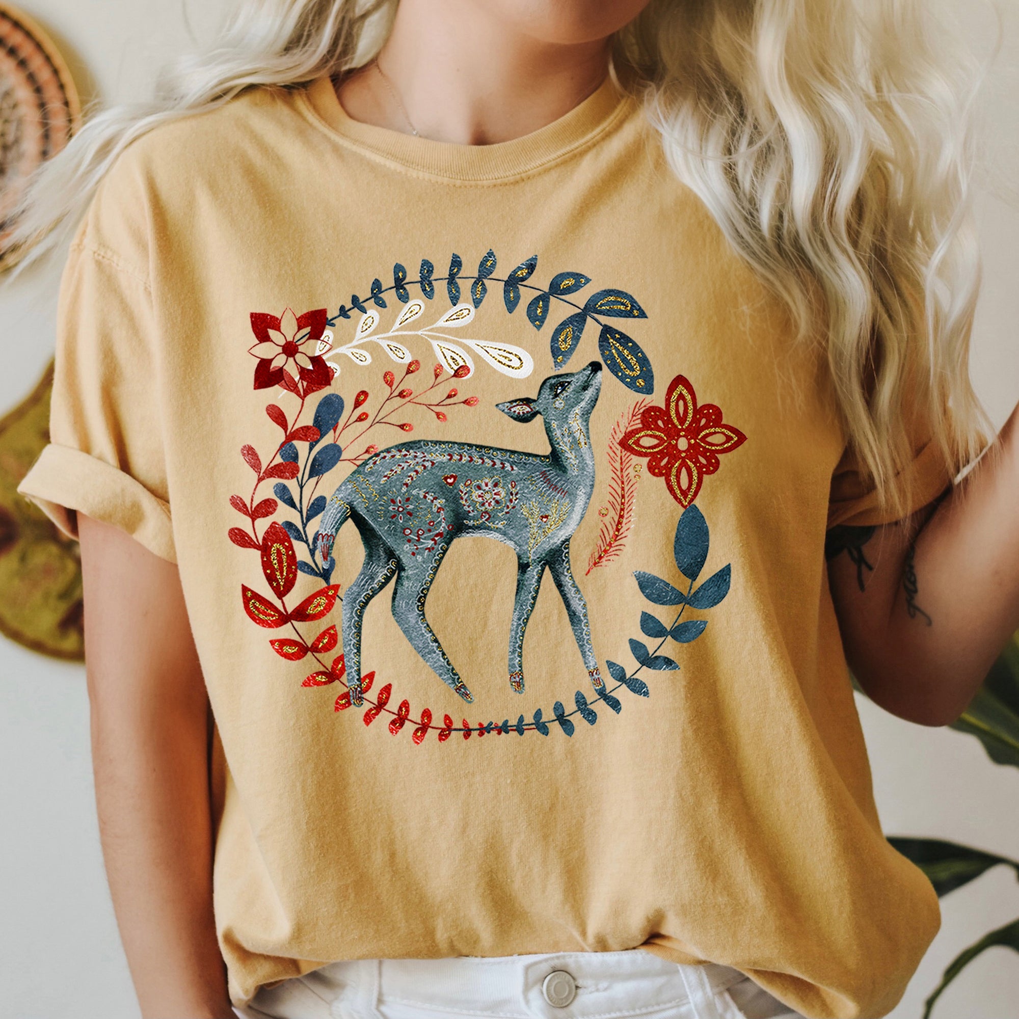 Deer Folk Art Scandinavian Winter Christmas Holiday Cozy Rustic Comfort Colors Tee
