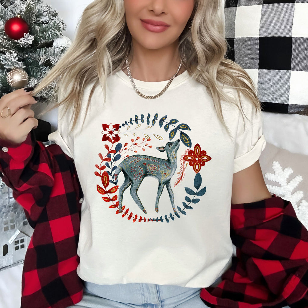 Deer Folk Art Scandinavian Winter Christmas Scene Hand Drawn Illustration Graphic Tee